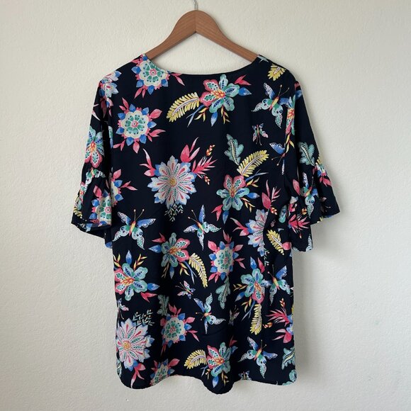 Junarose Top Womens 14 Black Allover Floral Print Short Ruffle Sleeve Blouse - Picture 6 of 7
